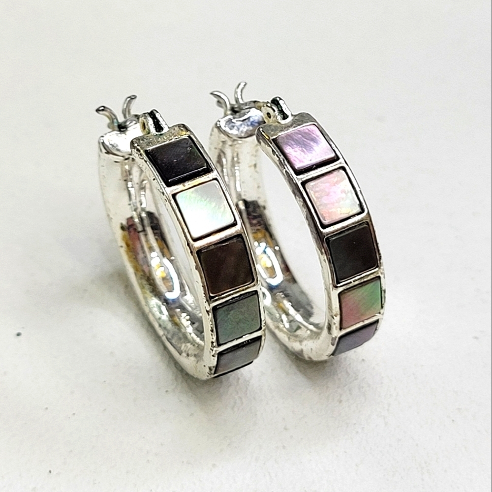 Stunning Vintage Silver Mother of Pearl Abalone All Around Hoop Earrings